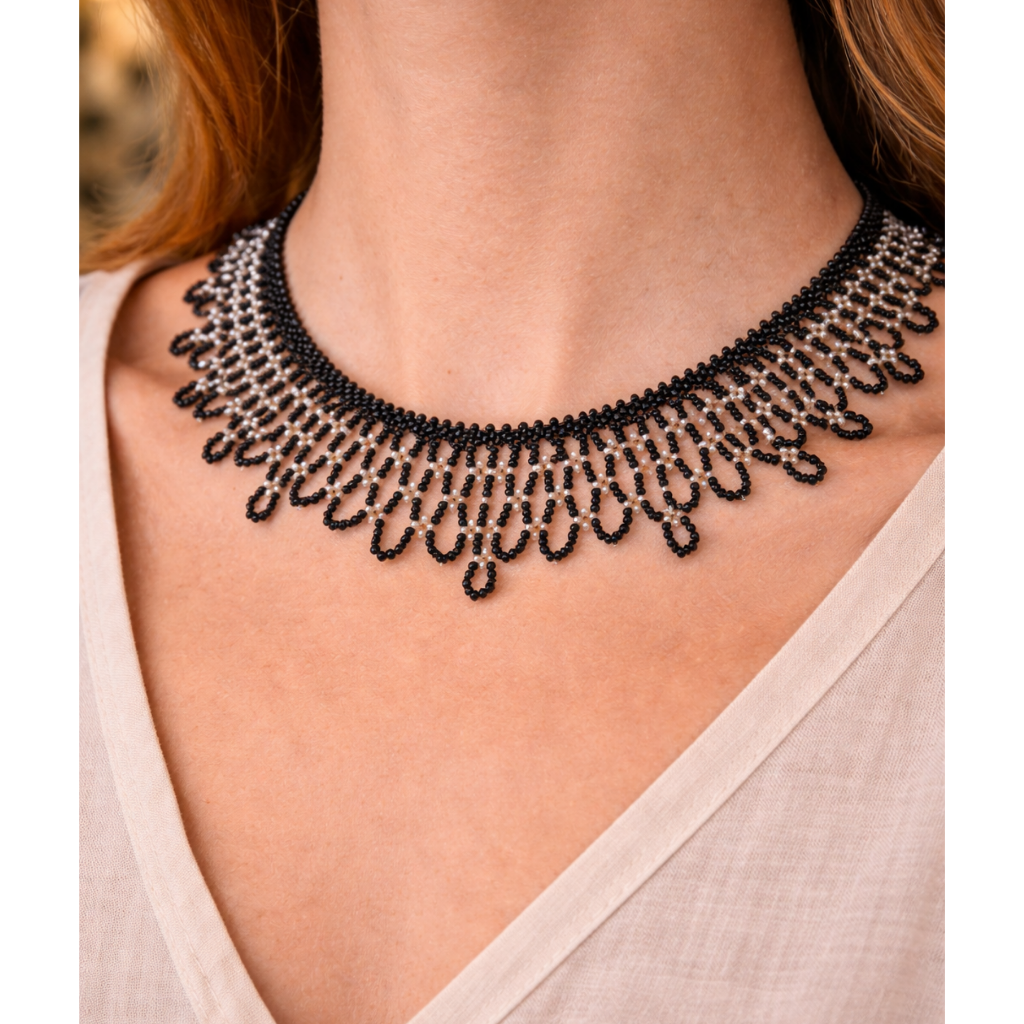Black Beaded Fringe Necklace – Handmade Elegant Statement Collar Jewelry